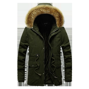Army green men's hooded winter parka with thick fleece lining and faux fur collar