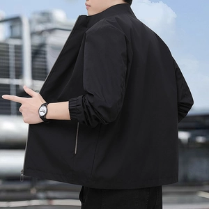 Classic men's black business jacket with stand collar and rib cuffs for spring and autumn