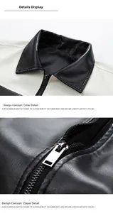 Detail of lapel collar and metal zipper on black and white faux leather biker jacket