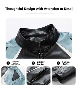 Detail view of tri-color PU leather jacket with zipper pockets and adjustable cuffs