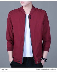 Detailed close-up of dark red bomber jacket with ribbed collar and black decorative buttons