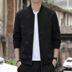 Men Casual Bomber Jacket Polyester Windproof Stand Collar Maple Leaf Print Zip Up Outerwear For Spring Autumn Streetwear