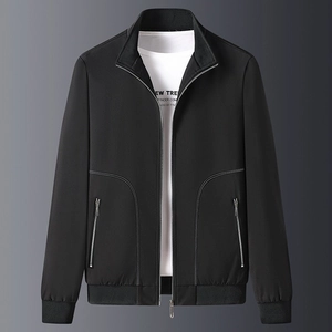 Slim fit men's black stand collar casual jacket with white curved decorative stitching details