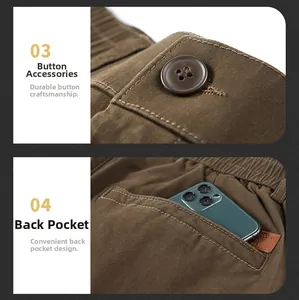 Detailed view of elastic waist, brown resin button and deep back pocket on cotton shorts