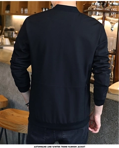 Detail view of men's black bomber jacket featuring ribbed collar and smooth fabric