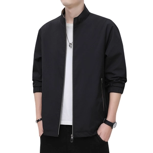 Classic men's black stand collar business jacket featuring full zipper and side pockets