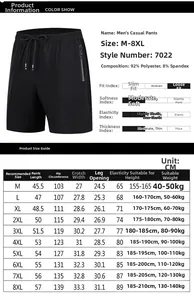 Size chart for quick-dry sports shorts showing measurements from M to 8XL in CM