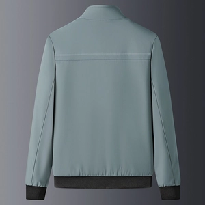Back view of men's slim fit casual jacket with stand collar in grey green finish