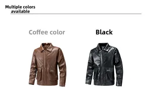 Front view of brown and black faux leather biker jackets with collar and large pockets