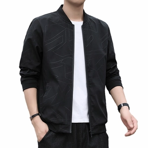 Men's slim fit black bomber jacket with geometric texture and ribbed cuffs on white background