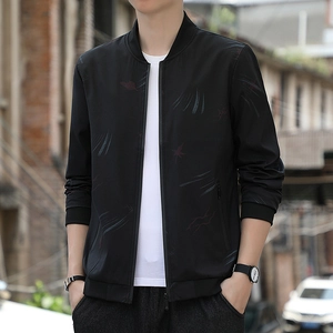 Men's black bomber jacket with dark red maple leaf prints and casual stand-up collar