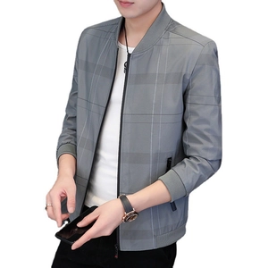Men's casual grey plaid jacket with ribbed stand collar and zip closure for spring