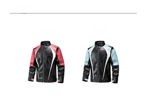 Front view of men's racing motor jackets in contrasting red and blue patchwork design