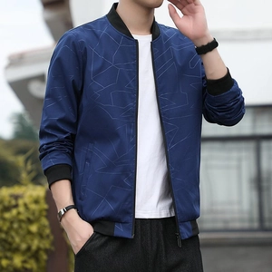 Dunkelblaue Herren-Baseballjacke mit geometrischem Muster und Rippstrickkragen