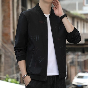 Mens black maple leaf print bomber jacket with ribbed collar and casual street style fit
