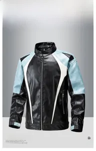 Detail of blue and cream color block patches on the black faux leather biker jacket