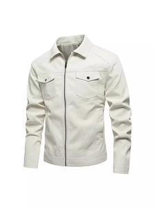 Men Fashion PU Leather Jacket Slim Fit Turn Down Collar Casual Motorcycle Biker Coat Zipper Solid Color Outerwear For Men