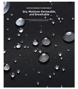 Macro shot of waterproof black functional fabric with water droplets on the surface