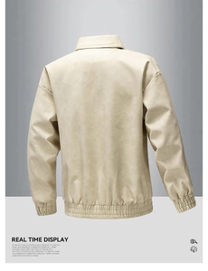 Back view of beige motorcycle faux leather jacket with ribbed cuffs and stand collar