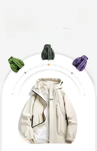 Detail view of waterproof hooded jackets in beige, olive, green and purple colors