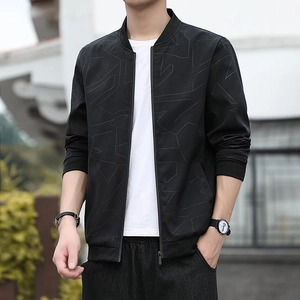 Lässige Herren Bomberjacke mit geometrischem Print, Baseballkragen und Rippbündchen