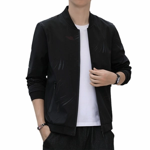 Men's black casual jacket with subtle leaf pattern, stand collar and ribbed cuffs