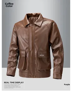 Close-up of coffee brown leather jacket texture with UNOCHAO pocket detail and metal buttons