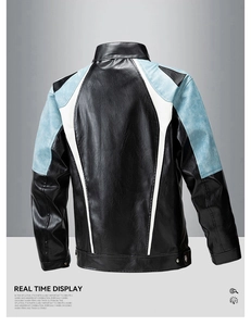 Detail view of men's leather jacket back with blue and white color-block stitching design