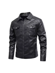 Slim fit black PU leather jacket for men featuring a classic stand collar and zip closure