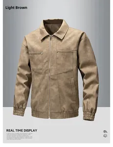 Detailed view of light brown suede biker jacket with front zipper and flap pockets