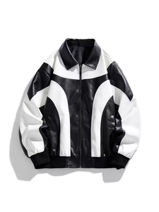 Men's Faux Leather Jacket PU Color Block Windproof Contrast Zip Up Casual Streetwear Racing Moto Bomber Coat For Men Teens