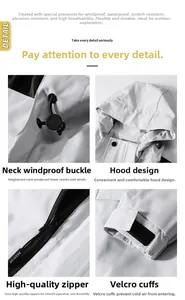 Detail view of waterproof jacket showing hood toggles, fashion zipper, and velcro cuffs