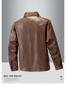 Rear view of brown leather motorcycle jacket showing collar and shoulder seam details