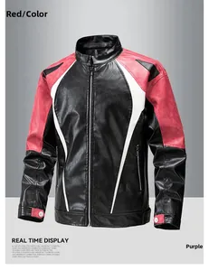 Close-up detail of the black, red, and white patchwork PU leather jacket construction