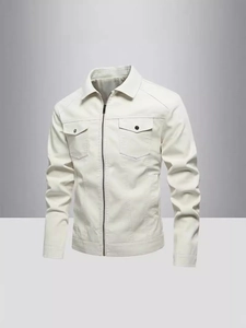 Slim fit men's faux leather jacket in creamy white with stand collar and chest pockets