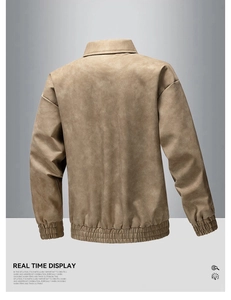 Back view of khaki faux suede bomber jacket with elastic hem and windproof lining
