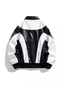 Back view of a loose-fit black and white PU leather biker jacket with contrast piping