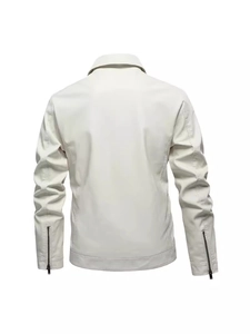 Slim fit men's faux leather jacket in beige featuring zippered cuffs and minimalist back