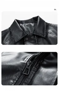 Close-up of textured faux leather motorcycle jacket collar and gunmetal zipper detail