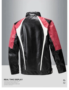 Detailed back view of a racing style PU leather jacket with black, red and white panels