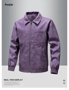 Detail view of purple jacket featuring a metal zipper, chest pockets, and ribbed cuffs