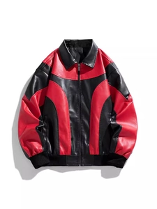Retro red and black contrast PU leather motorcycle jacket with ribbed cuffs and full zipper