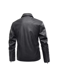 Slim fit black PU leather jacket for men with back view and metallic cuff zippers