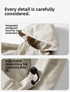 Detail of windproof integrated hood with adjustable drawcord on beige tactical outdoor jacket
