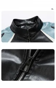 Close-up of retro color-block PU leather jacket collar and metal zipper textures