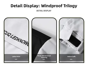 Outdoor jacket details showing logo print, 3D ergonomic tailoring, and velcro cuffs