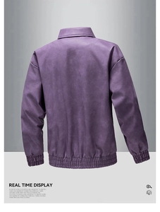 Rear view detail of dark purple men's biker jacket with ribbed cuffs and thick faux suede fabric