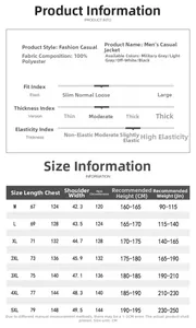 Size chart for men's casual bomber jacket showing measurements from M to 5XL for perfect fit