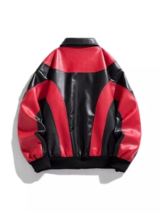 Men's faux leather biker jacket in red and black color block design with ribbed cuffs