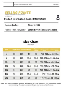 Detailed size chart for waterproof outdoor jacket showing measurements from M to 5XL sizes